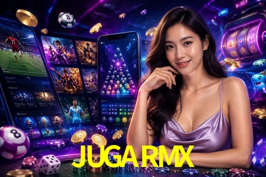 Una escena digital vívida inspirada en casino con JUGARMX mostrado prominentemente, luces brillantes, fichas, cartas y acentos dorados.