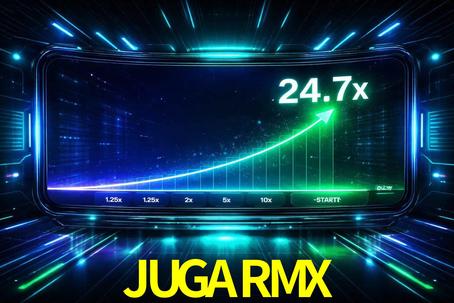 Una pantalla moderna de juego estilo crash con multiplicadores ascendentes, visuales de neón y una interfaz intensa enfocada en la acción.